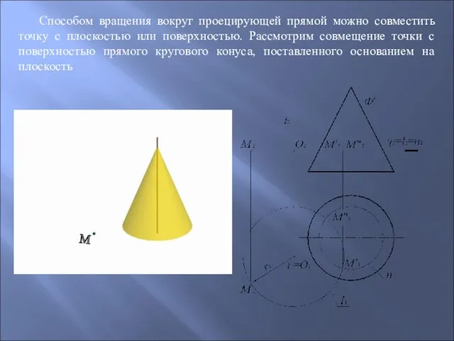 Способом вращения вокруг проецирующей прямой можно совместить точку с плоскостью или поверхностью.