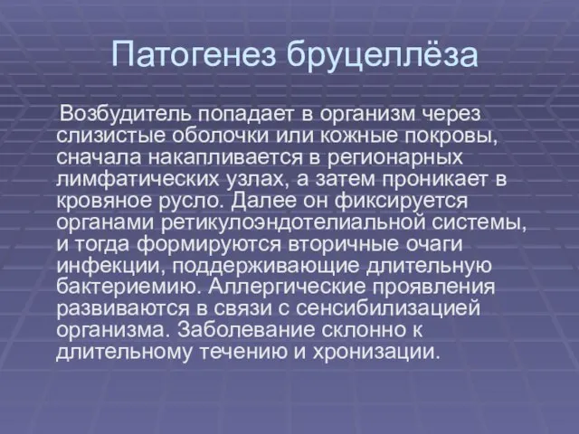 Патогенез бруцеллёза Возбудитель попадает в организм через слизистые оболочки или кожные покровы,