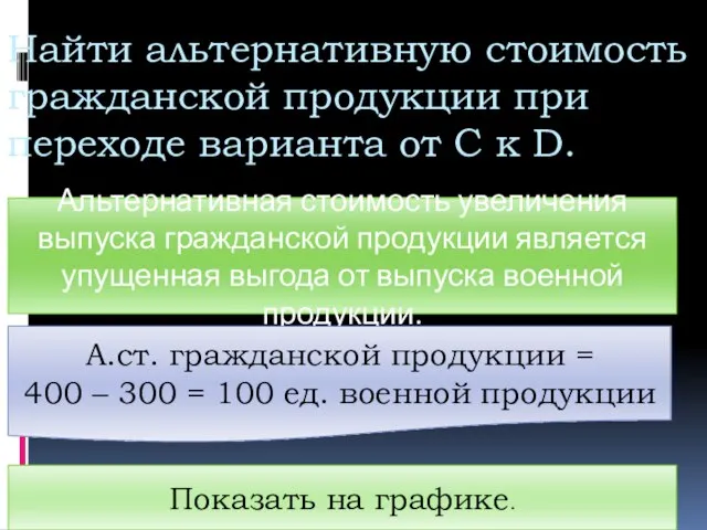 Найти альтернативную стоимость гражданской продукции при переходе варианта от С к D.