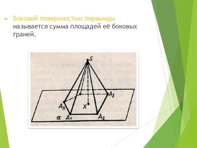 Боковой поверхностью пирамиды называется сумма площадей её боковых граней.