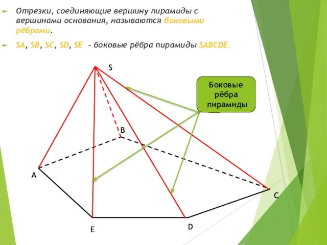 C Отрезки, соединяющие вершину пирамиды с вершинами основания, называются боковыми рёбрами. SA,