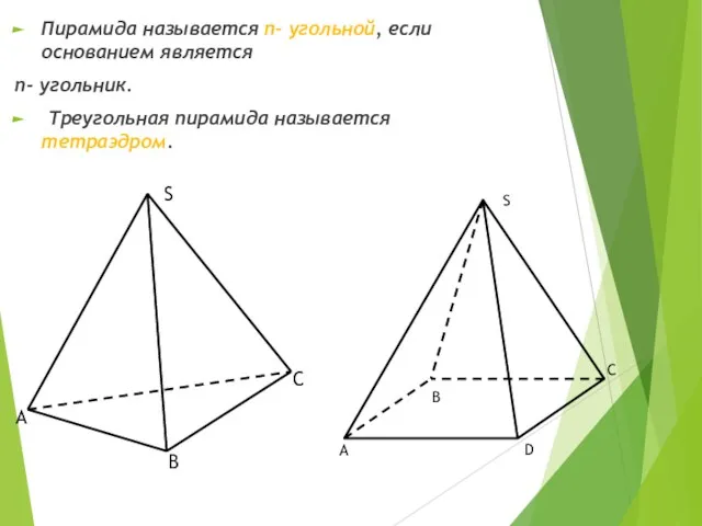 Пирамида называется n- угольной, если основанием является n- угольник. Треугольная пирамида называется тетраэдром. C