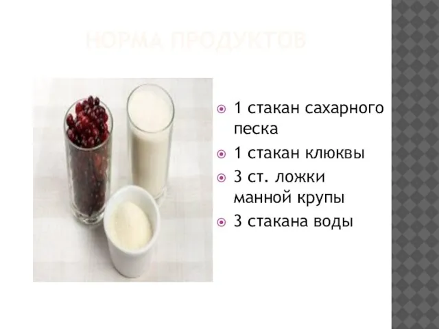 НОРМА ПРОДУКТОВ 1 стакан сахарного песка 1 стакан клюквы 3 ст. ложки