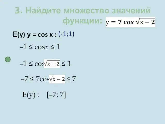 3. Найдите множество значений функции: Е(y) у = cos x : (-1;1)