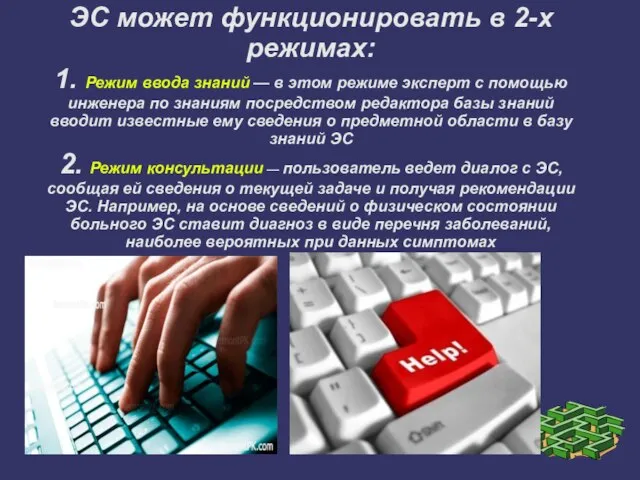 ЭС может функционировать в 2-х режимах: 1. Режим ввода знаний — в