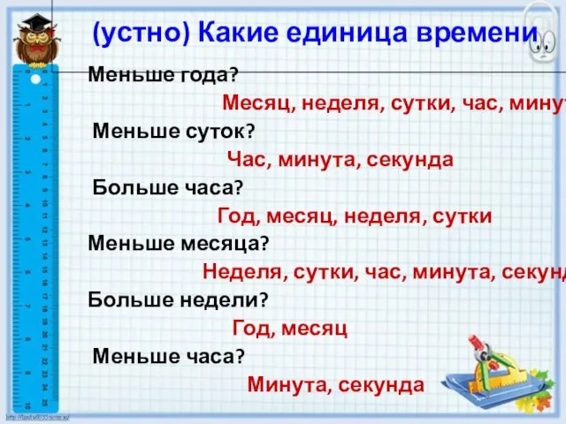 (устно) Какие единица времени Меньше года? Месяц, неделя, сутки, час, минута Меньше