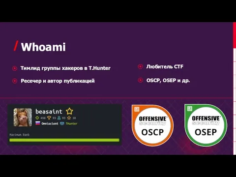 Тимлид группы хакеров в T.Hunter Ресечер и автор публикаций Любитель CTF OSCP,