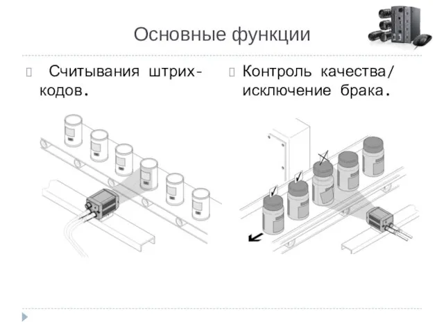 Основные функции Считывания штрих-кодов. Контроль качества/ исключение брака.