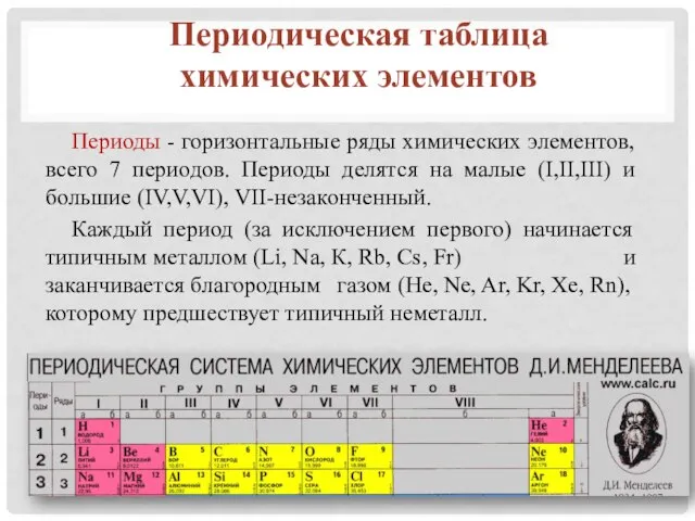 Периодическая таблица химических элементов Периоды - горизонтальные ряды химических элементов, всего 7