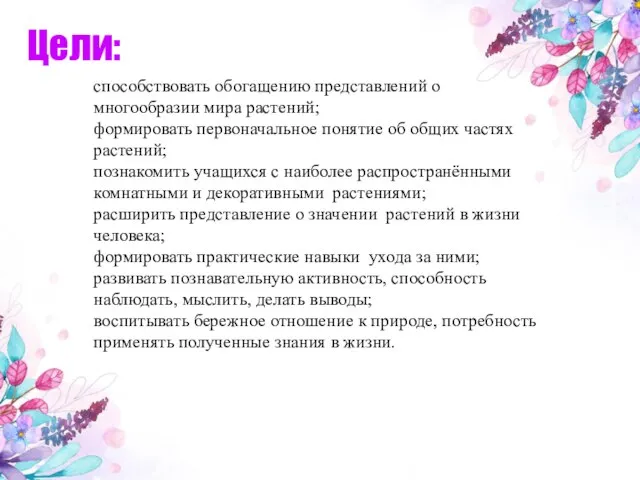 Цели: способствовать обогащению представлений о многообразии мира растений; формировать первоначальное понятие об