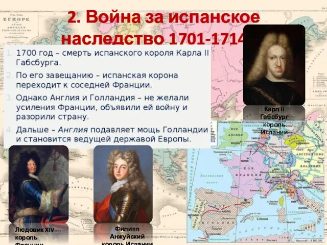 2. Война за испанское наследство 1701-1714гг. Филипп Анжуйский король Испании Людовик XIV