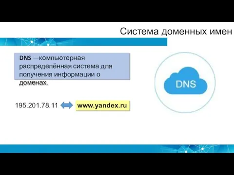 Система доменных имен DNS —компьютерная распределённая система для получения информации о доменах. www.yandex.ru 195.201.78.11