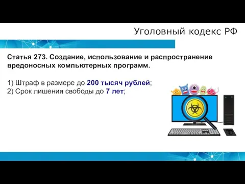 Уголовный кодекс РФ Статья 273. Создание, использование и распространение вредоносных компьютерных программ.