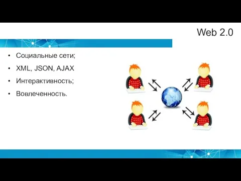 Web 2.0 Социальные сети; XML, JSON, AJAX Интерактивность; Вовлеченность.