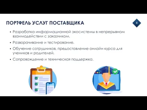 ПОРТФЕЛЬ УСЛУГ ПОСТАВЩИКА 8 Разработка информационной экосистемы в непрерывном взаимодействии с заказчиком.