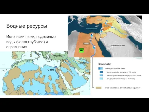 Водные ресурсы Источники: реки, подземные воды (часто глубокие) и опреснение