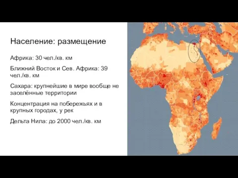 Население: размещение Африка: 30 чел./кв. км Ближний Восток и Сев. Африка: 39