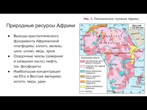 Природные ресурсы Африки Выходы кристаллического фундамента Африканской платформы: золото, железо, цинк, олово,