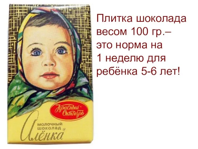 Плитка шоколада весом 100 гр.– это норма на 1 неделю для ребёнка 5-6 лет!