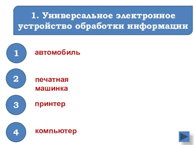 1. Универсальное электронное устройство обработки информации компьютер 1 3 2 4 автомобиль принтер печатная машинка