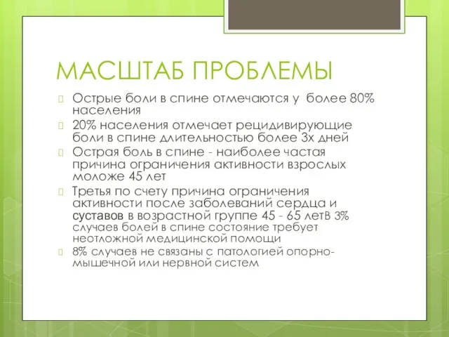 МАСШТАБ ПРОБЛЕМЫ Острые боли в спине отмечаются у более 80% населения 20%