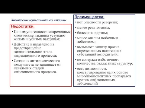 Химические (субъединичные) вакцины Недостатки: По иммуногенности современные химические вакцины уступают живым и