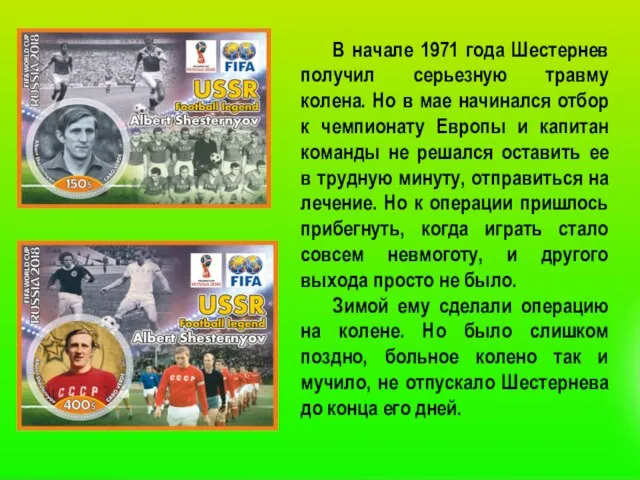 В начале 1971 года Шестернев получил серьезную травму колена. Но в мае