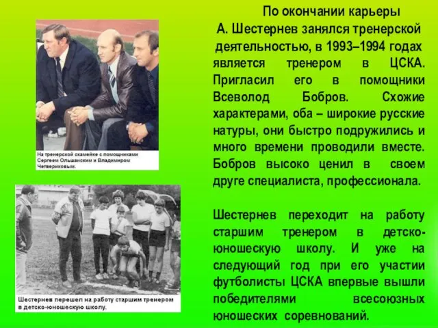 По окончании карьеры А. Шестернев занялся тренерской деятельностью, в 1993–1994 годах является