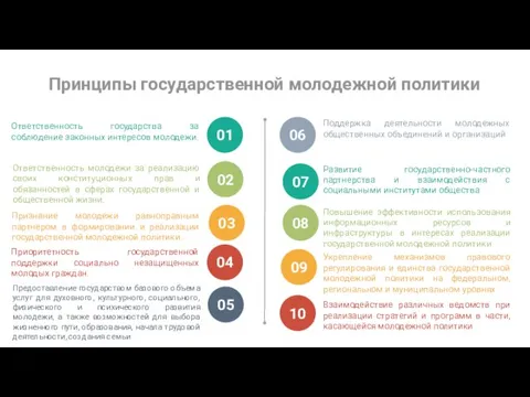 Принципы государственной молодежной политики Ответственность государства за соблюдение законных интересов молодежи. 01