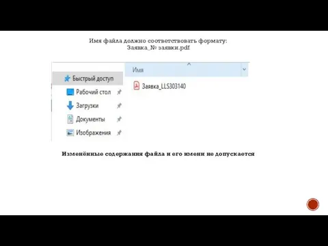 Имя файла должно соответствовать формату: Заявка_№ заявки.pdf Изменённые содержания файла и его имени не допускается