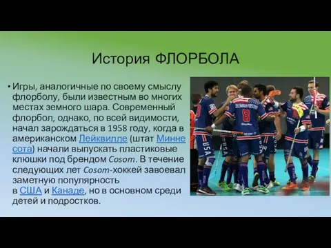 История ФЛОРБОЛА Игры, аналогичные по своему смыслу флорболу, были известным во многих