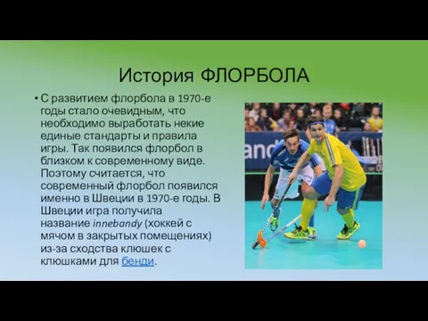 История ФЛОРБОЛА С развитием флорбола в 1970-е годы стало очевидным, что необходимо