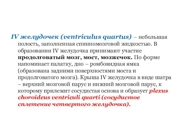 IV желудочек (ventriculus quartus) – небольшая полость, заполненная спинномозговой жидкостью. В образовании