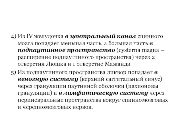 4) Из IV желудочка в центральный канал спинного мозга попадает меньшая часть,