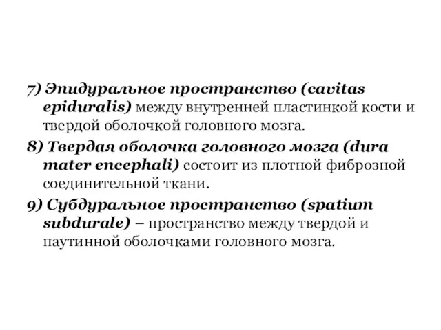 7) Эпидуральное пространство (cavitas epiduralis) между внутренней пластинкой кости и твердой оболочкой