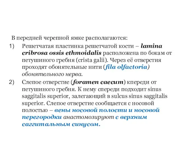 В передней черепной ямке располагаются: Решетчатая пластинка решетчатой кости – lamina cribrosa