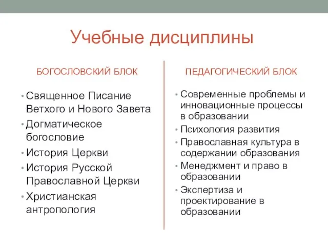 Учебные дисциплины БОГОСЛОВСКИЙ БЛОК Священное Писание Ветхого и Нового Завета Догматическое богословие