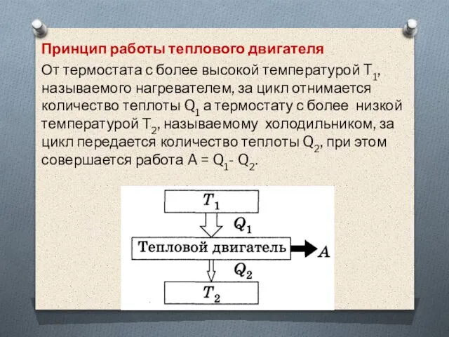 Принцип работы теплового двигателя От термостата с более высокой температурой T1, называемого