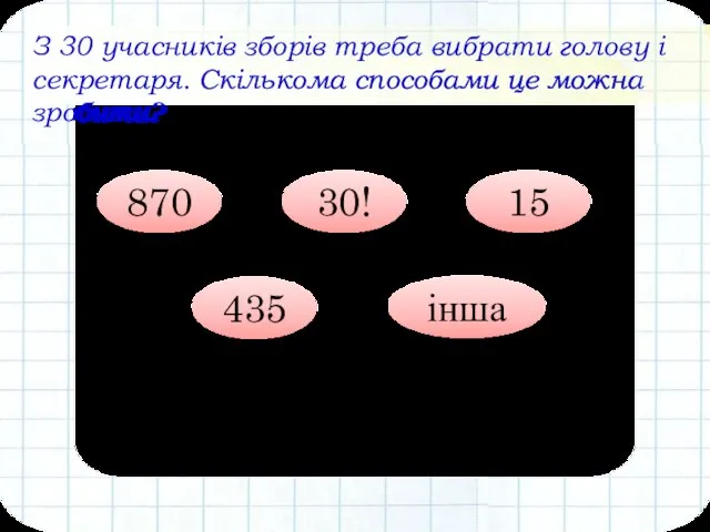 З 30 учасників зборів треба вибрати голову і секретаря. Скількома способами це