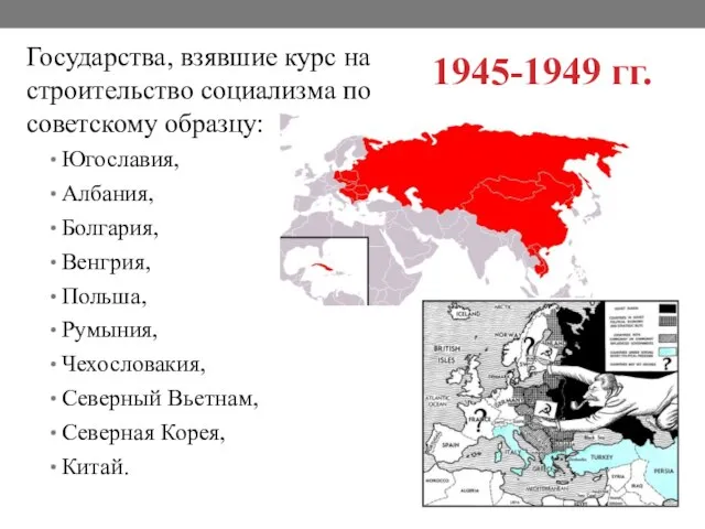 1945-1949 гг. Государства, взявшие курс на строительство социализма по советскому образцу: Югославия,