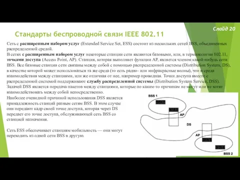 Стандарты беспроводной связи IEEE 802.11 Слайд 20 Сеть с расширенным набором услуг