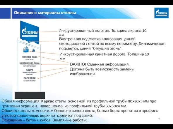 Описание и материалы стеллы Внутренняя подсветка влагозащищенной светодиодной лентой по всему периметру.