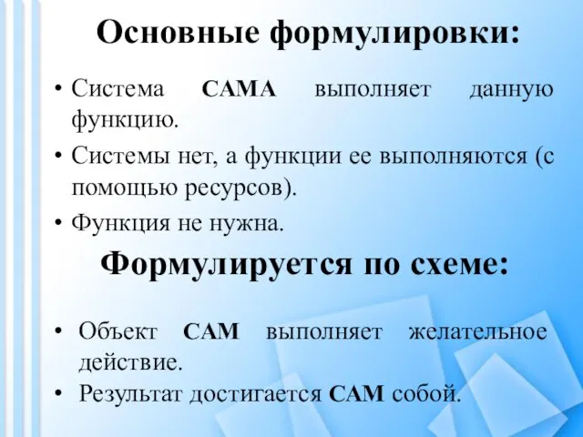 Основные формулировки: Система САМА выполняет данную функцию. Системы нет, а функции ее