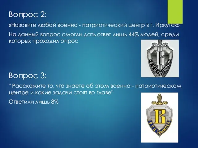 Вопрос 2: «Назовите любой военно - патриотический центр в г. Иркутск» На