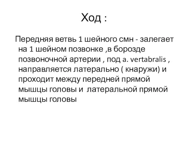 Ход : Передняя ветвь 1 шейного смн - залегает на 1 шейном