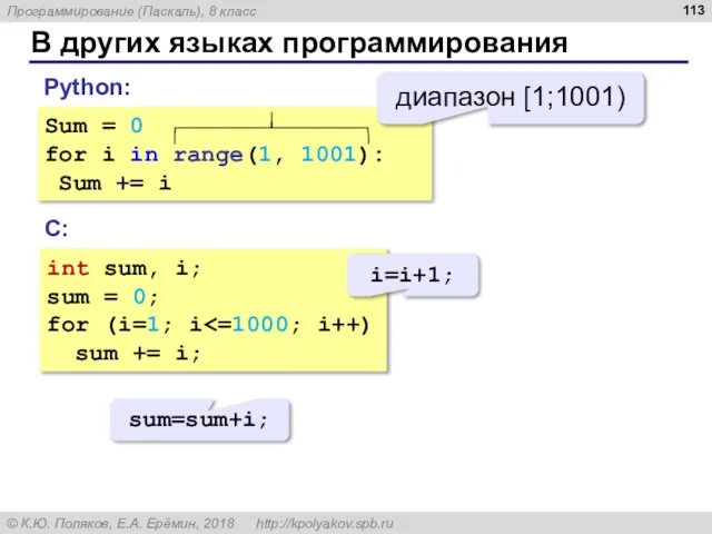 В других языках программирования Sum = 0 for i in range(1, 1001):