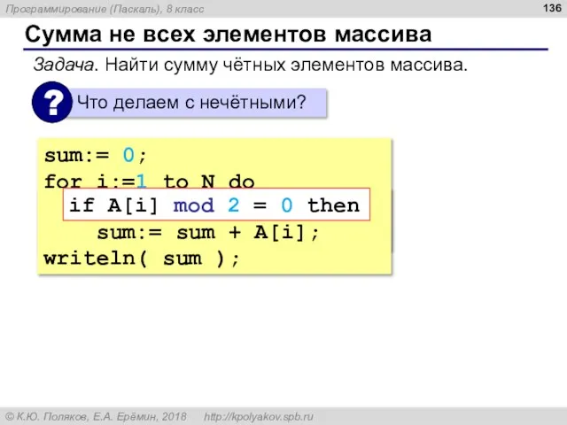 Сумма не всех элементов массива sum:= 0; for i:=1 to N do