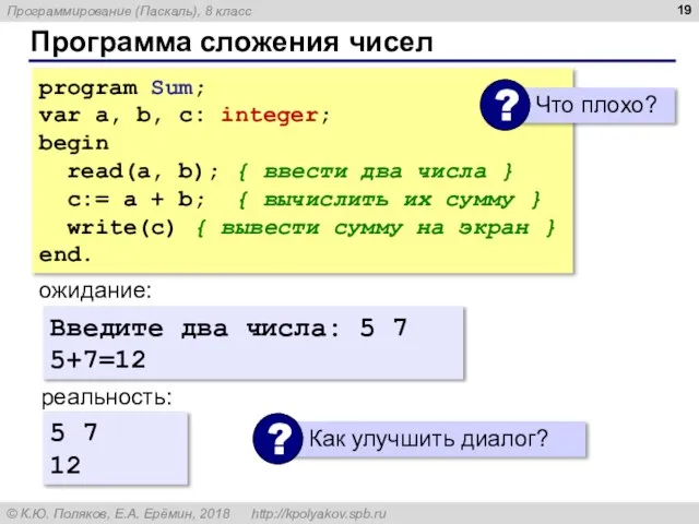 Программа сложения чисел program Sum; var a, b, c: integer; begin read(a,