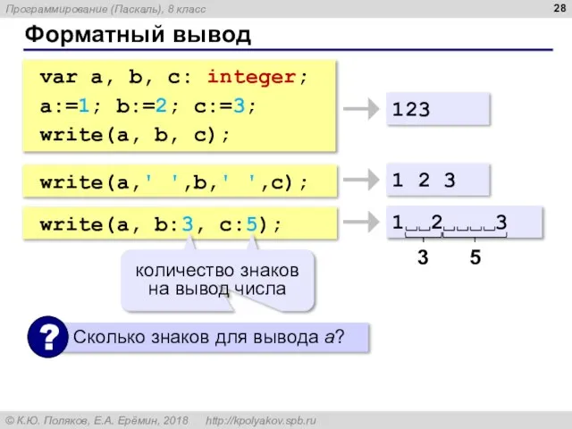 Форматный вывод var a, b, c: integer; a:=1; b:=2; c:=3; write(a, b,