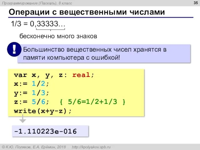 Операции с вещественными числами 1/3 = 0,33333… бесконечно много знаков var x,